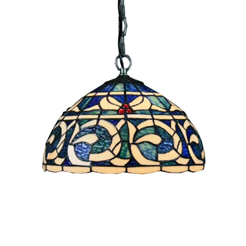 Blue Stained Glass Domed Suspension Light - Retro Loft Tiffany Hanging For Restaurants