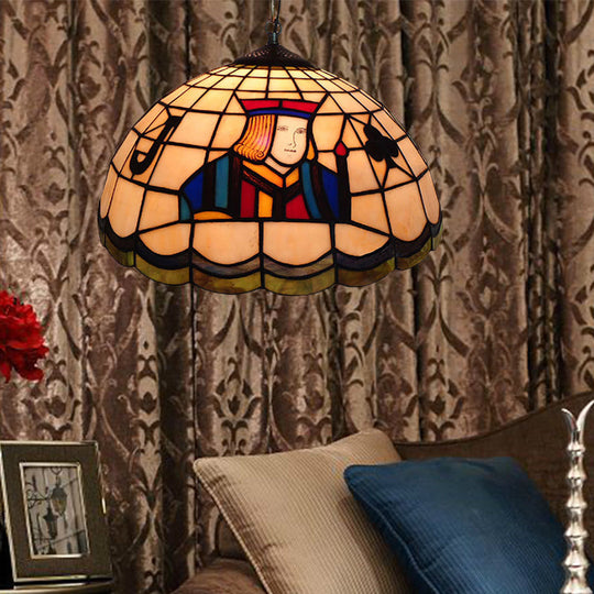 Poker Pendulum Tiffany-Style Light with 2 Handcrafted Art Glass Heads - Beige Suspension Lamp for Living Room