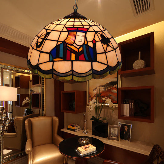 Poker Pendulum Tiffany-Style Light with 2 Handcrafted Art Glass Heads - Beige Suspension Lamp for Living Room