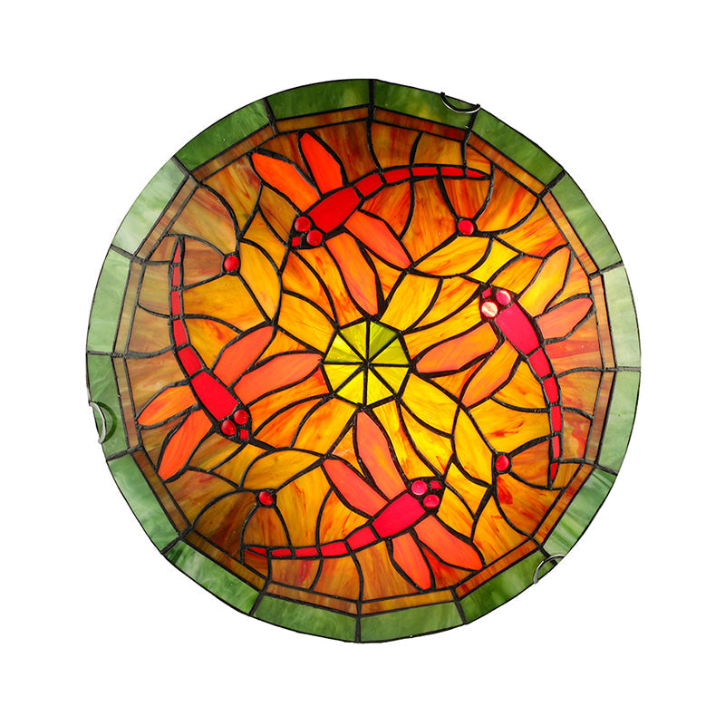 Dragonfly & Floral Stained Glass Lighting Fixture with 3 Bulbs for Living Room Ceiling in Yellow