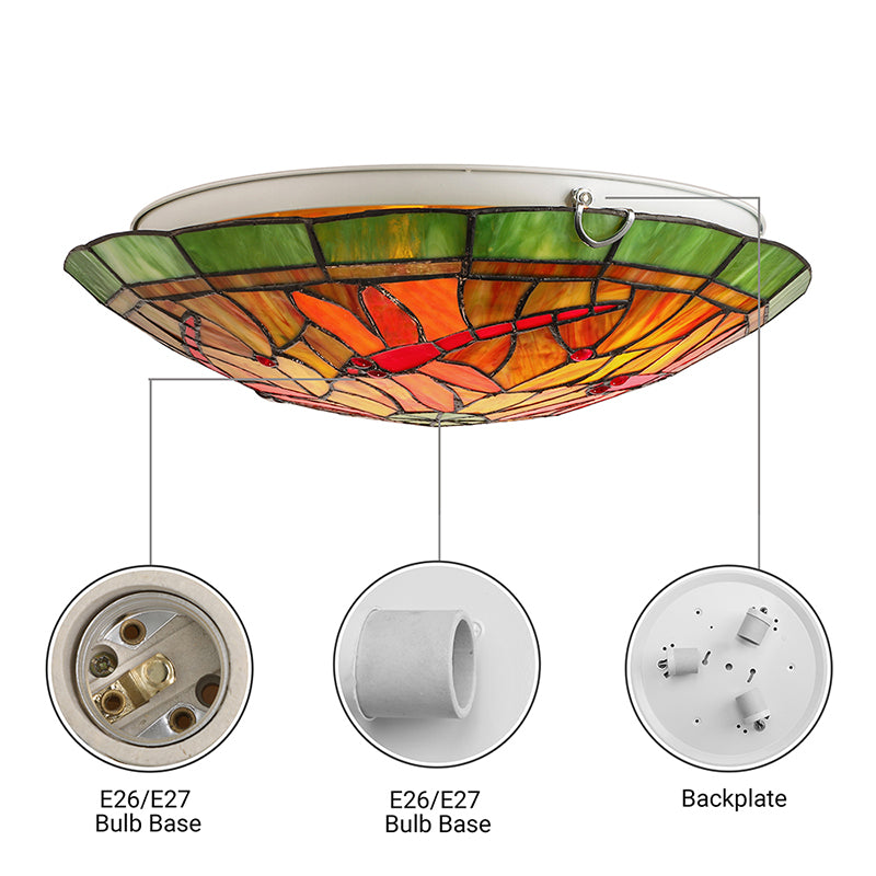 Dragonfly/Floral Stained Glass Flushmount Ceiling Light In Yellow - 3 Bulb Ideal For Living Room