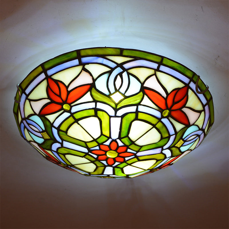 Dragonfly/Floral Stained Glass Flushmount Ceiling Light In Yellow - 3 Bulb Ideal For Living Room /