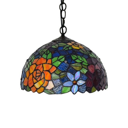 Victorian Stained Glass Dome Pendant Light Fixture - 1 Bulb Black 12/16 Width