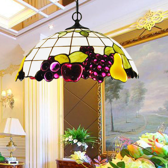 Baroque Hanging Light Fixture - 1 Head Living Room Suspension Lighting With Grape White Stained Art