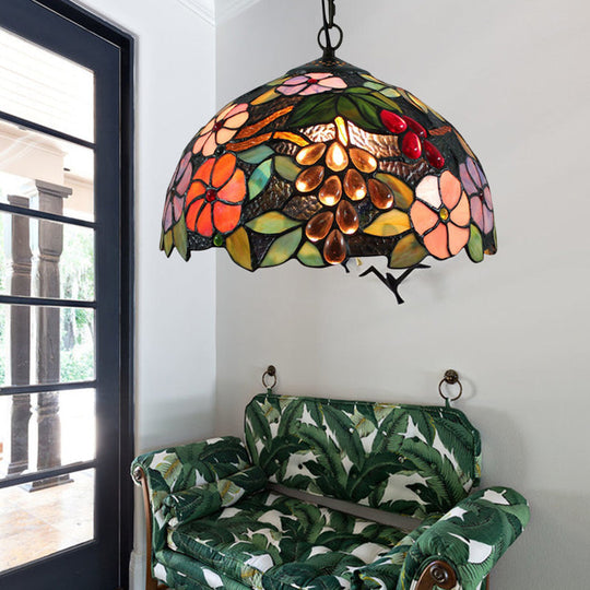 Victorian Floral Suspension Lighting: 1-Head Black Stained Art Glass Pendant Light With Adjustable