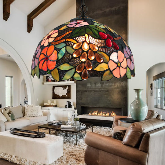 Victorian Floral Suspension Lighting: 1-Head Black Stained Art Glass Pendant Light With Adjustable