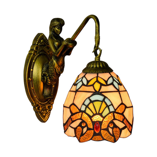 Tiffany Multicolor Stained Glass Dome Sconce Light - Antique Brass Wall Mounted Single Head Fixture