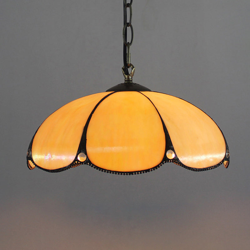 Adjustable Scalloped Tiffany Glass Pendant Light for Bedroom with Yellow Drop Head