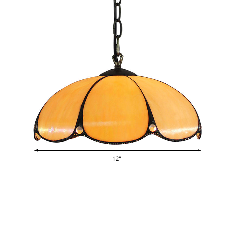 Adjustable Scalloped Tiffany Glass Pendant Light for Bedroom with Yellow Drop Head