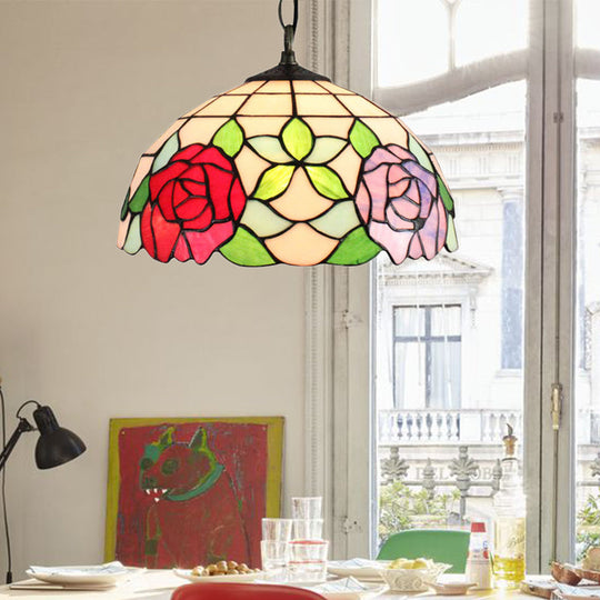 Baroque Black Stained Glass Pendant Lamp With Rose Pattern - Suspended Light Fixture / Red