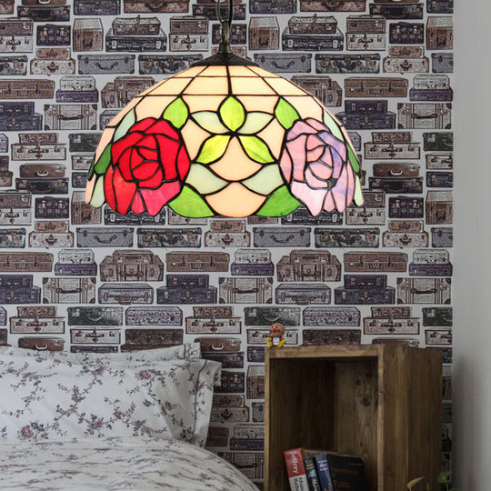 Baroque Black Stained Glass Pendant Lamp with Rose Pattern - Suspended Light Fixture