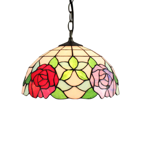 Baroque Black Stained Glass Pendant Lamp With Rose Pattern - Suspended Light Fixture