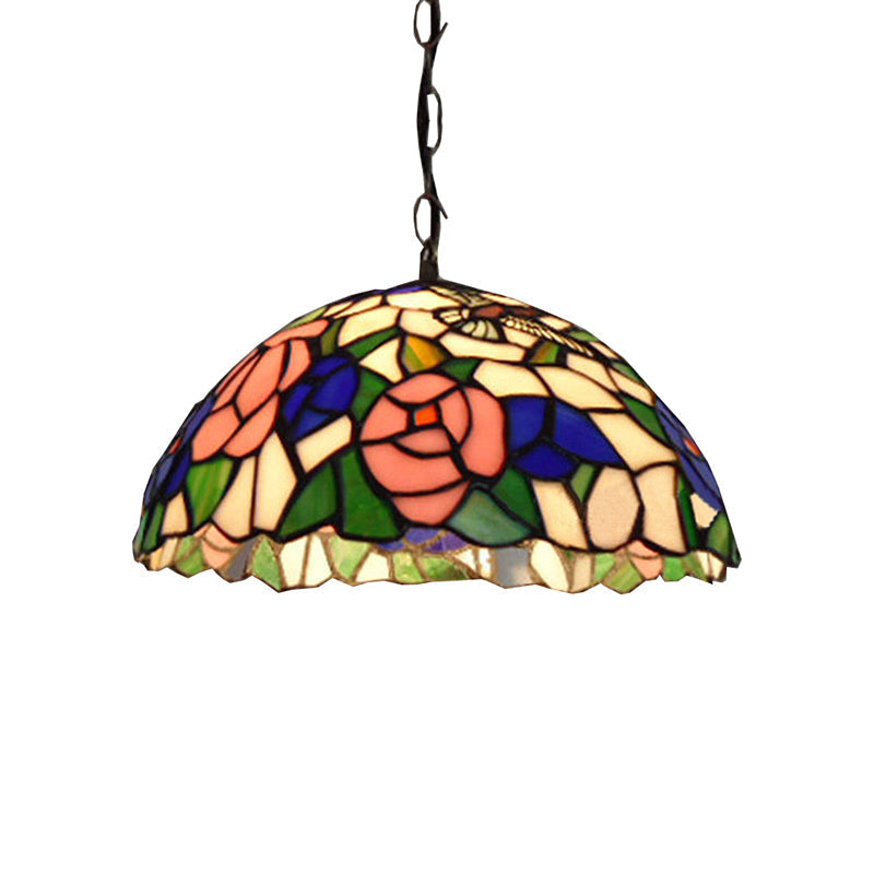 Baroque Black Stained Glass Pendant Lamp with Rose Pattern - Suspended Light Fixture