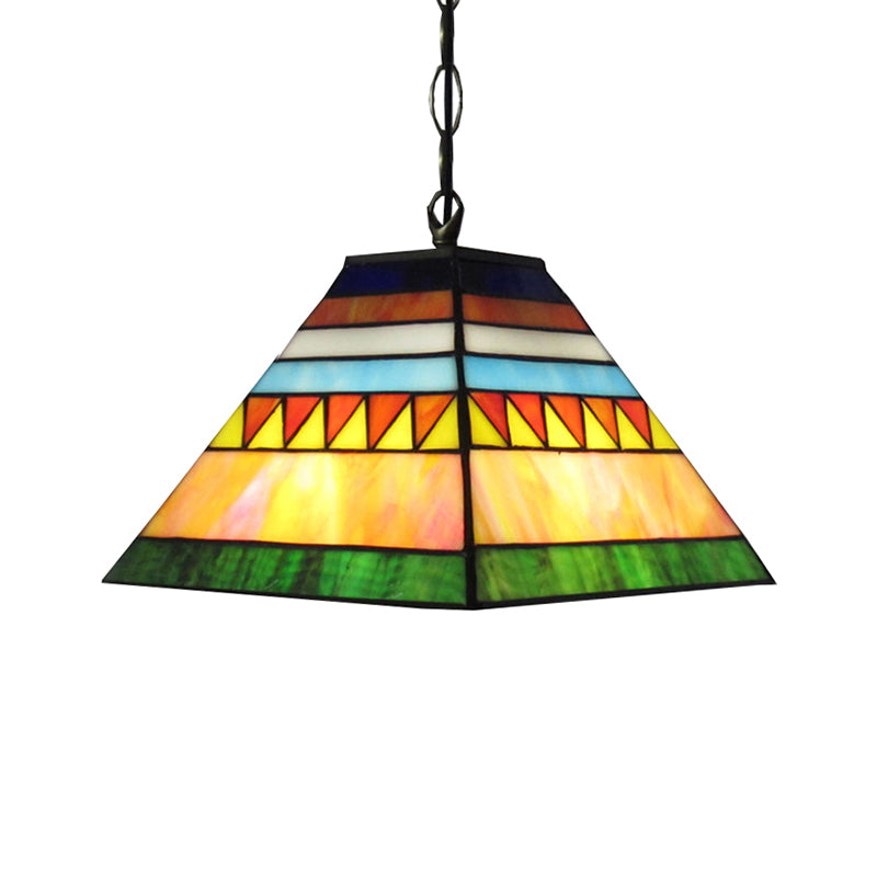 Stunning Tiffany Style Stained Glass Ceiling Lamp - Geometric Design Single Light Pink And Green