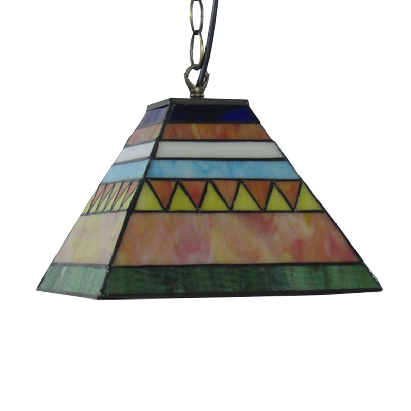 Stunning Tiffany Style Stained Glass Ceiling Lamp - Geometric Design Single Light Pink And Green