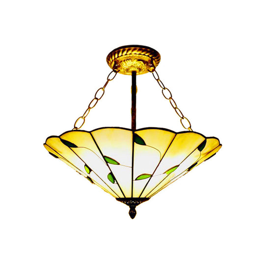 Lodge Style Stained Glass Semi Flush Ceiling Light In Beige - 19.5/16 Wide