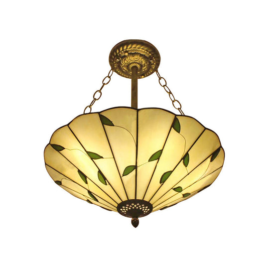 Lodge Style Stained Glass Semi Flush Ceiling Light In Beige - 19.5/16 Wide