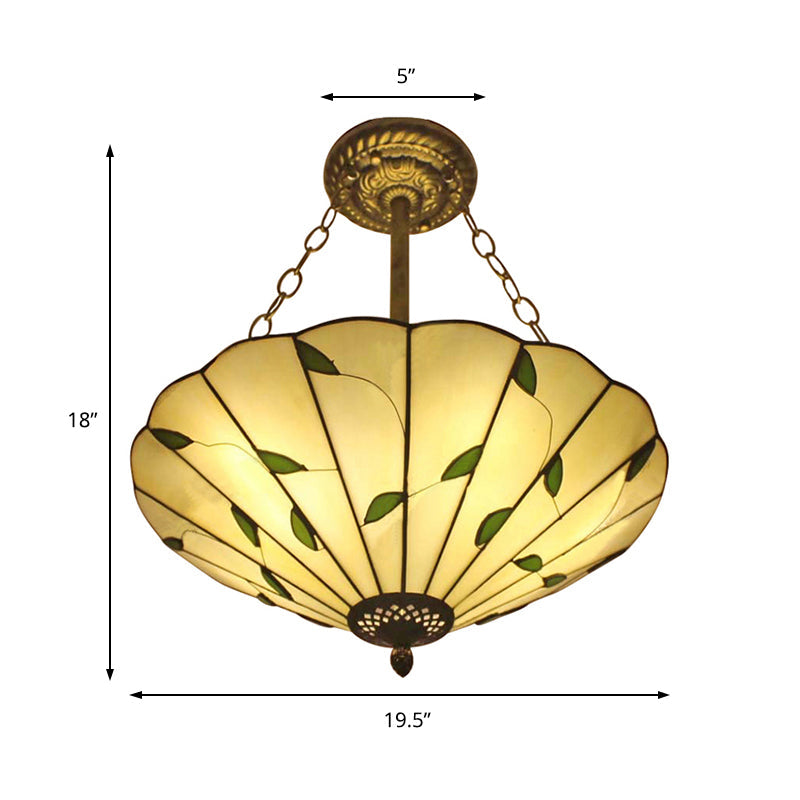 Lodge Style Stained Glass Semi Flush Ceiling Light In Beige - 19.5/16 Wide