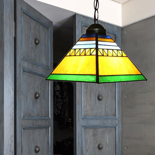 Tiffany Yellow Foyer Pendant With Stained Glass Shade