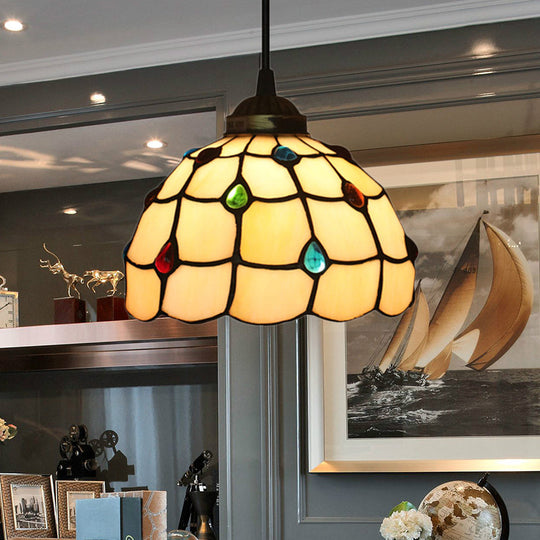 Beige Stained Glass Pendant Lamp: Beaded Tiffany Hanging Light Kit - 8/12 Wide Ideal For Study / 8