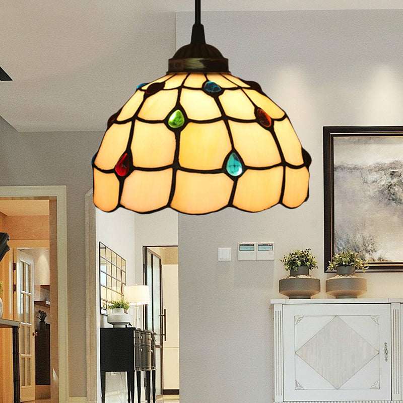 Beige Stained Glass Pendant Lamp with Beaded Detailing - Tiffany Hanging Light Kit for Study - 8"/12" Wide