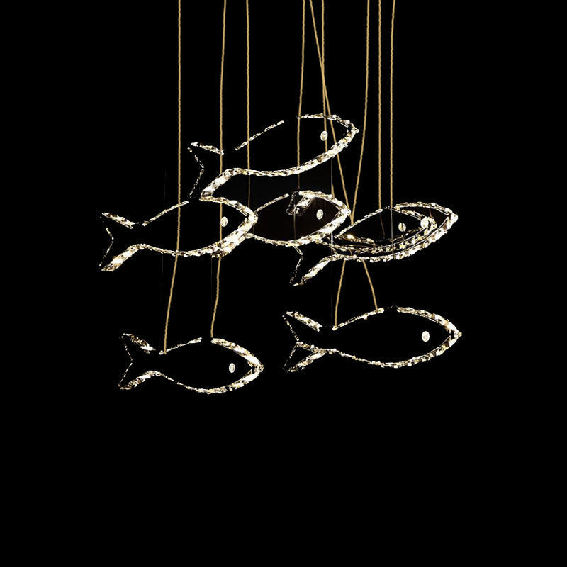 Contemporary Led Chrome Crystal Fish Ceiling Chandelier - White/Warm Light Fixture