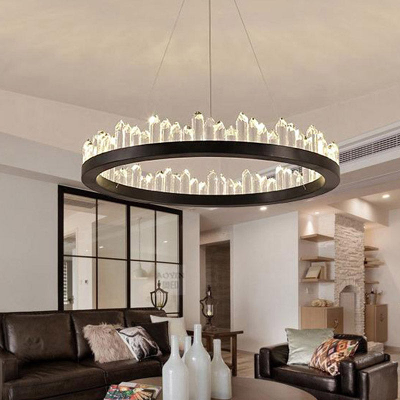 Modern Circle Chandelier Light With Crystal Leds Black Suspended Fixture In Warm/White -