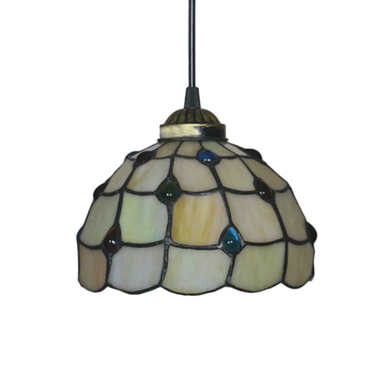 Beige Stained Glass Pendant Lamp with Beaded Detailing - Tiffany Hanging Light Kit for Study - 8"/12" Wide