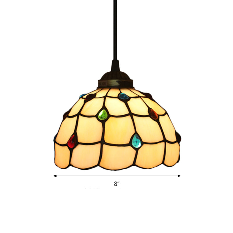 Beige Stained Glass Pendant Lamp with Beaded Detailing - Tiffany Hanging Light Kit for Study - 8"/12" Wide