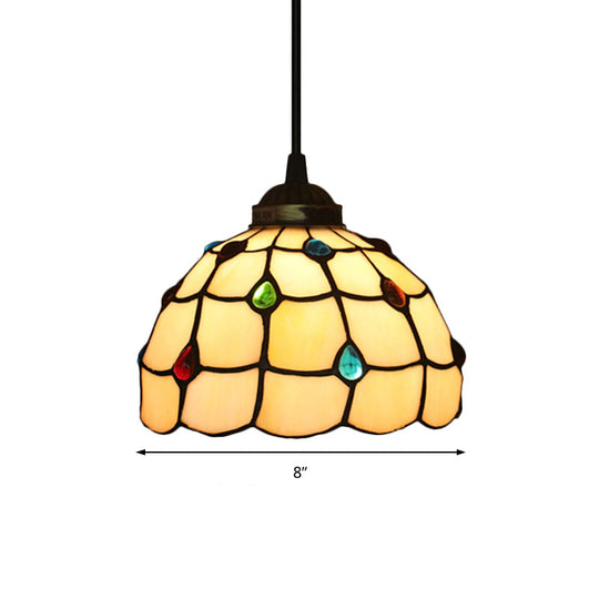 Beige Stained Glass Pendant Lamp with Beaded Detailing - Tiffany Hanging Light Kit for Study - 8"/12" Wide