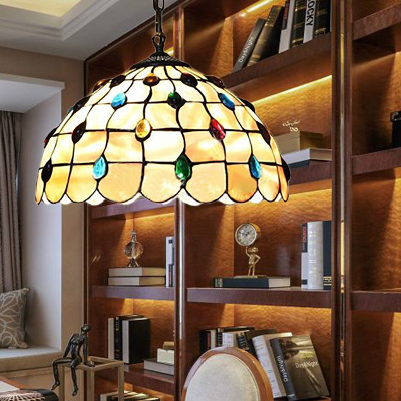 Beige Stained Glass Pendant Lamp: Beaded Tiffany Hanging Light Kit - 8/12 Wide Ideal For Study / 12