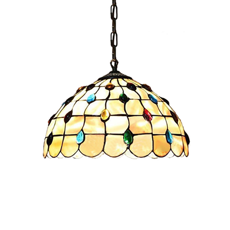 Beige Stained Glass Pendant Lamp with Beaded Detailing - Tiffany Hanging Light Kit for Study - 8"/12" Wide