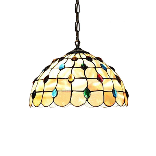 Beige Stained Glass Pendant Lamp with Beaded Detailing - Tiffany Hanging Light Kit for Study - 8"/12" Wide