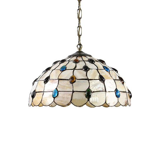 Beige Stained Glass Pendant Lamp with Beaded Detailing - Tiffany Hanging Light Kit for Study - 8"/12" Wide