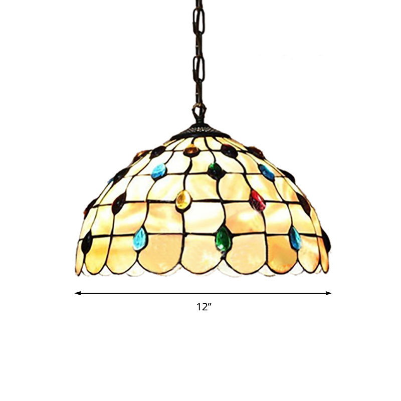 Beige Stained Glass Pendant Lamp with Beaded Detailing - Tiffany Hanging Light Kit for Study - 8"/12" Wide