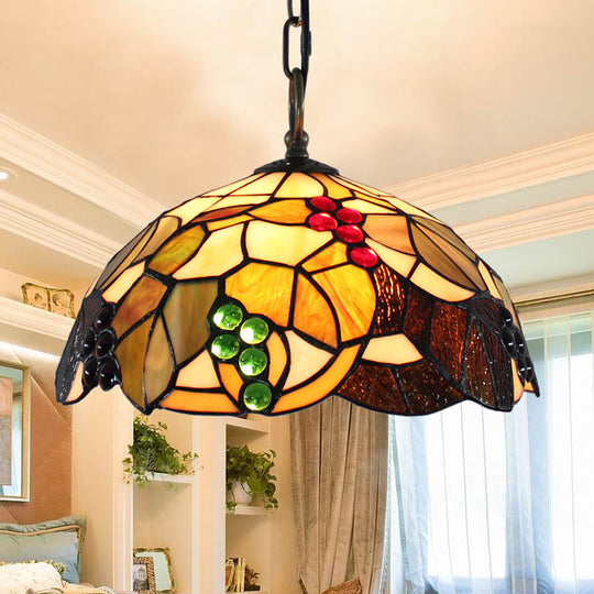 Baroque Glass Bowl Pendant Light with Grape Pattern - Brown Hand-Cut, 1 Bulb, Ceiling Hanging Suspension Fixture