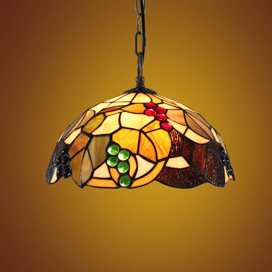 Baroque Glass Bowl Pendant Light with Grape Pattern - Brown Hand-Cut, 1 Bulb, Ceiling Hanging Suspension Fixture