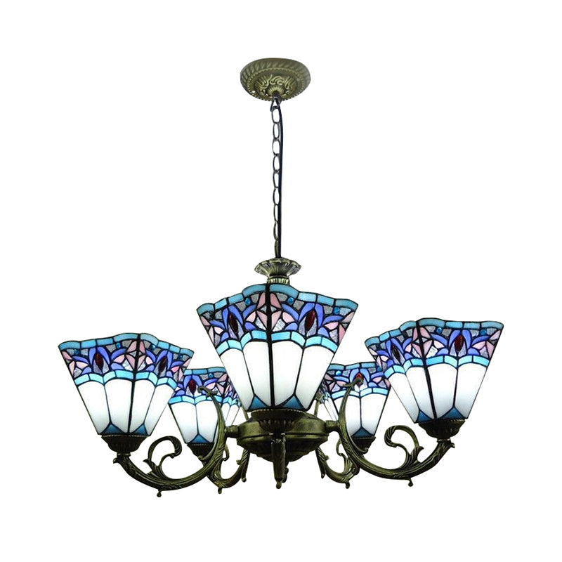 Mission Stained Glass Pendant Light - 5-Lights Pyramid Chandelier With Curved Arm