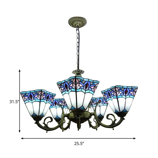 Mission Stained Glass Pendant Light - 5-Lights Pyramid Chandelier With Curved Arm