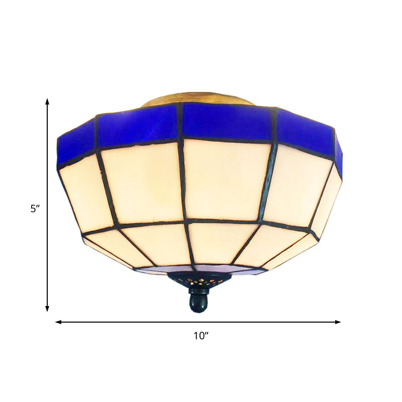 Tiffany Style Blue and White Stained Glass Flush Light for Foyer - Bowl Flush Ceiling Light, 1-Light