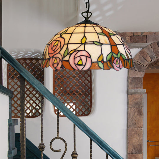 Beige Hand Cut Glass Tiffany Suspension Light - Floral Design