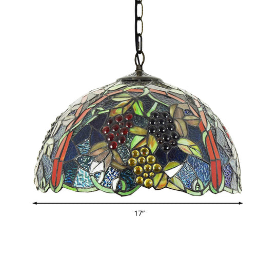 Victorian Blue Stained Glass Bowl Pendant Light Fixture for Bedroom - 1 Head Hanging Lamp