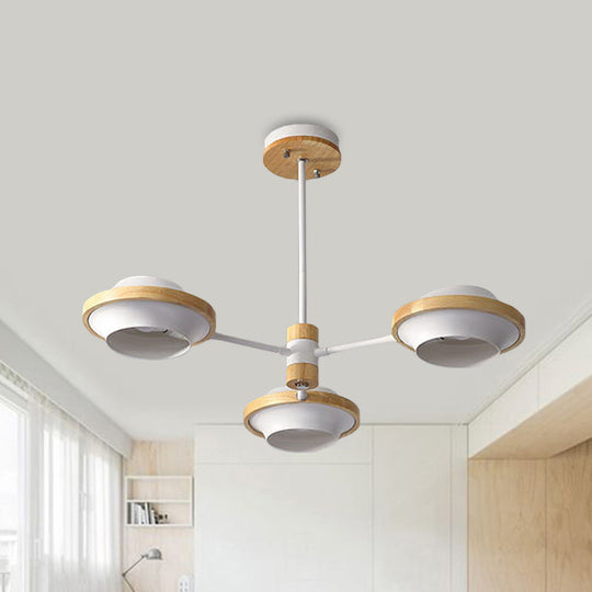 Minimalist White UFO Ceiling Light: Iron Semi Flush Mount with Wooden Frame - 3/6 Bulbs