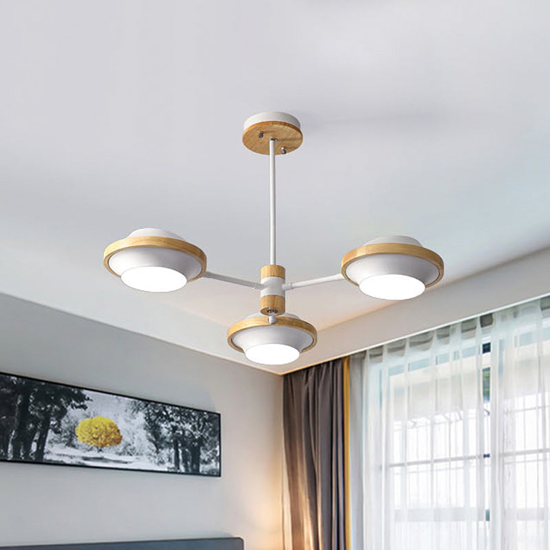 Minimalist White UFO Ceiling Light: Iron Semi Flush Mount with Wooden Frame - 3/6 Bulbs