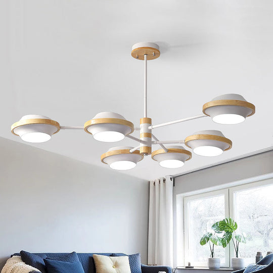 Minimalist White UFO Ceiling Light: Iron Semi Flush Mount with Wooden Frame - 3/6 Bulbs