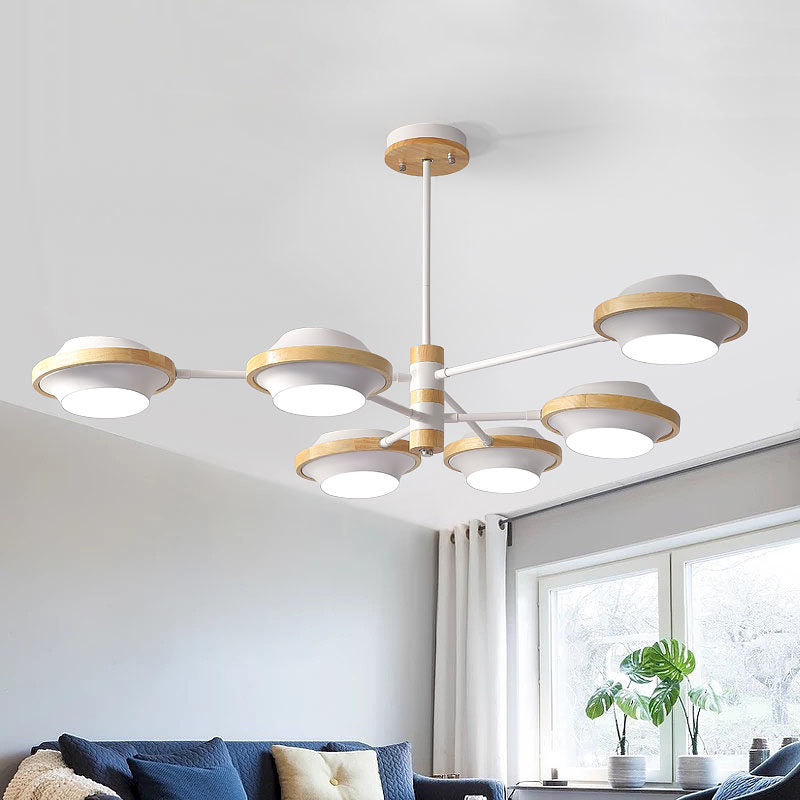 Minimalist White Ufo Ceiling Light: Iron Semi Flush Mount With Wooden Frame - 3/6 Bulbs 6 /