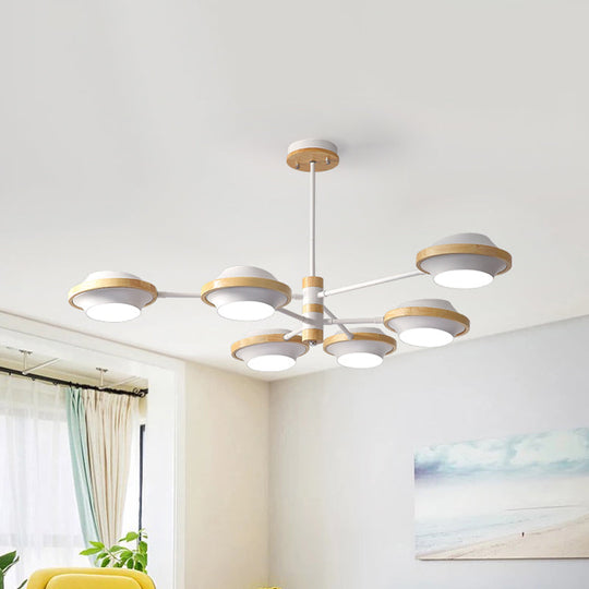 Minimalist White UFO Ceiling Light: Iron Semi Flush Mount with Wooden Frame - 3/6 Bulbs