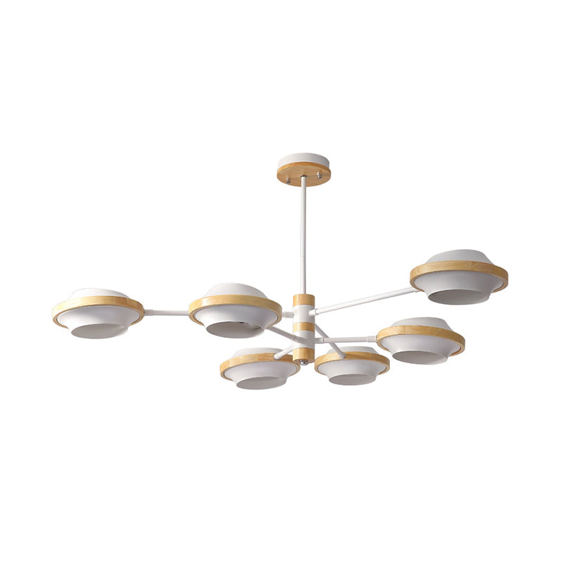 Minimalist White UFO Ceiling Light: Iron Semi Flush Mount with Wooden Frame - 3/6 Bulbs