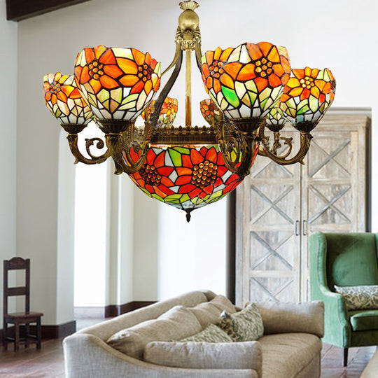 Rustic Tiffany Stained Glass Sunflower Chandelier - Multi-Head Hanging Light in Orange for Dining Room