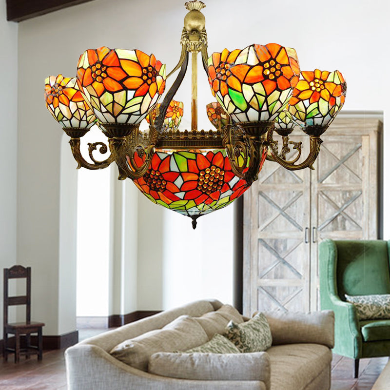 Rustic Tiffany Hanging Chandelier With Stained Glass Sunflowers In Orange - Perfect For Dining Room